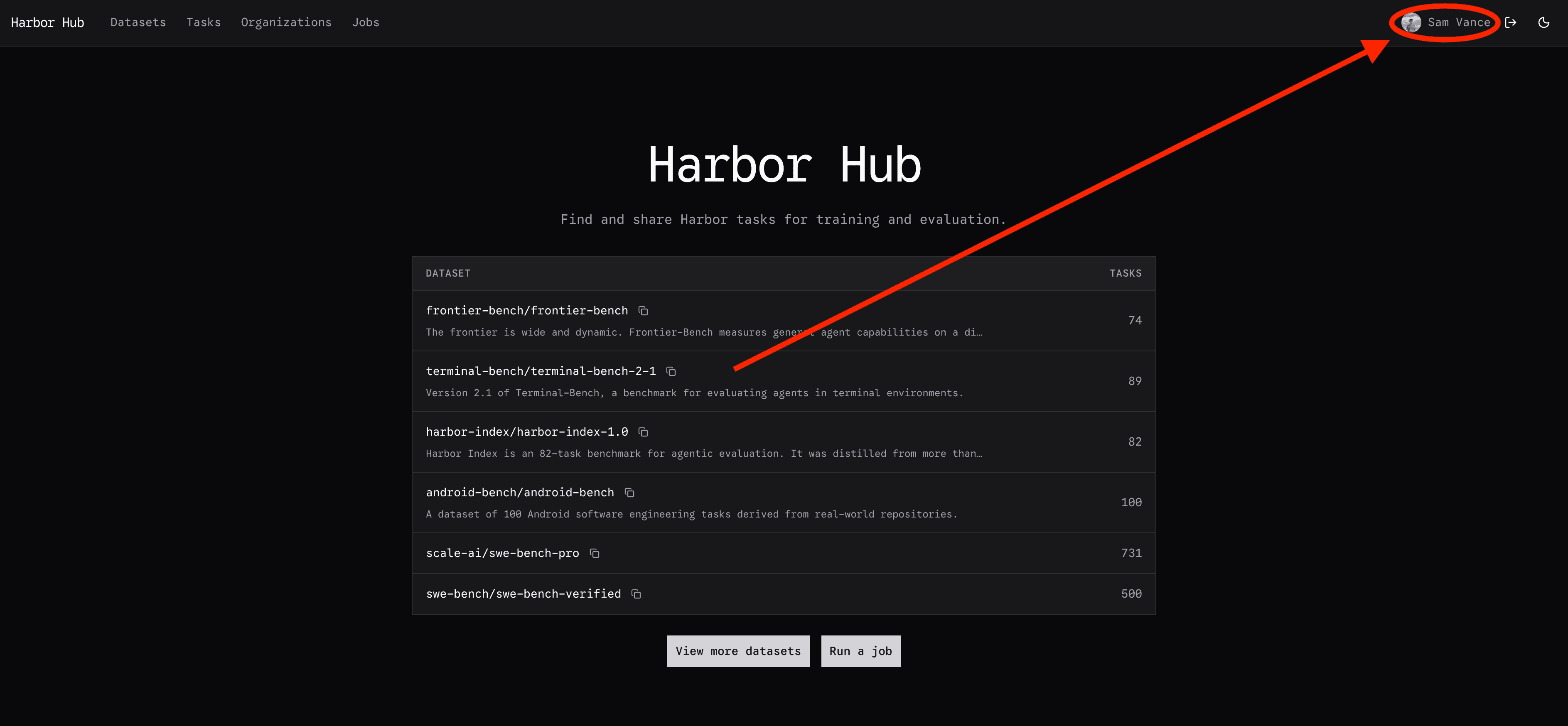 The Harbor Hub home page, listing published datasets
