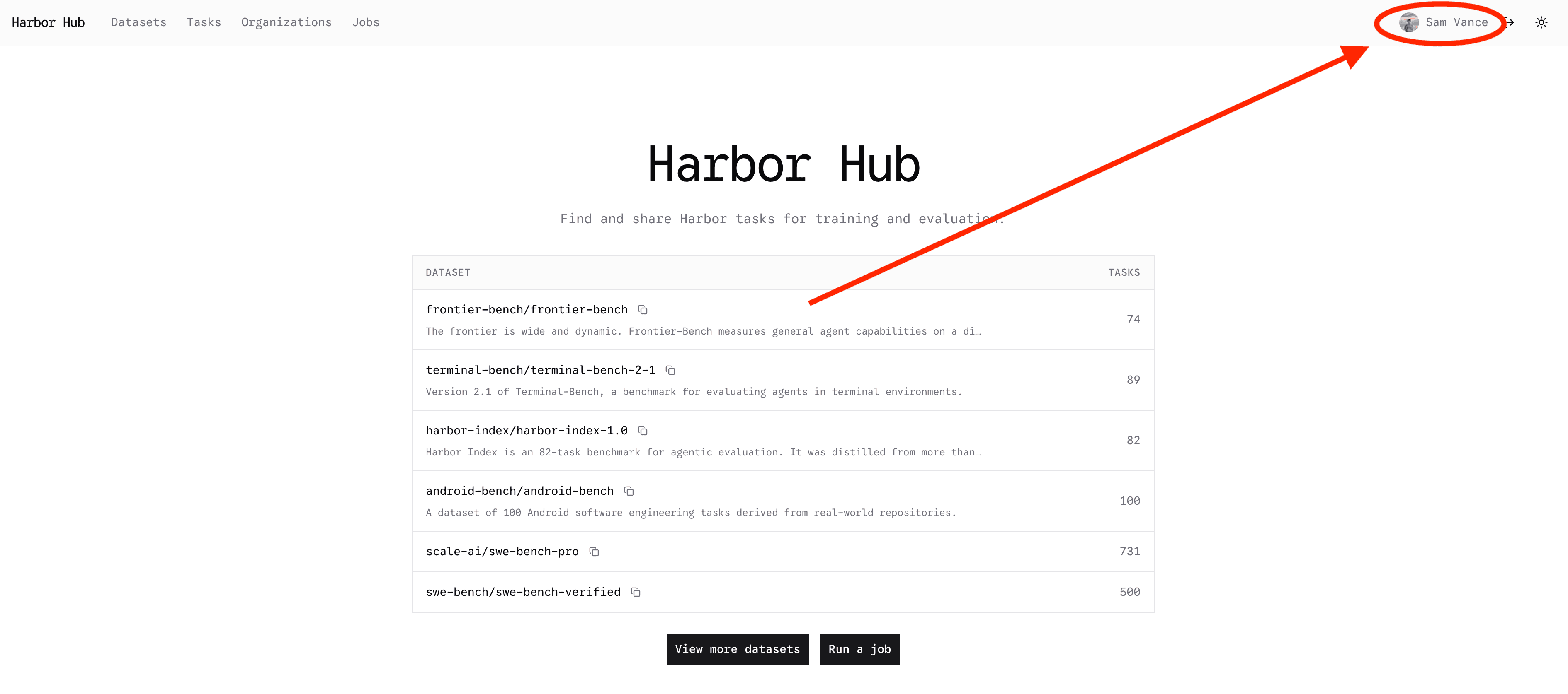 The Harbor Hub home page, listing published datasets